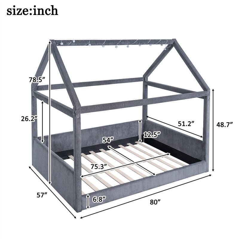 Full Size Upholstered House Daybed with LED Light Strips, Modern House Floor Bed Montessori Bed with Roof Design for Kids