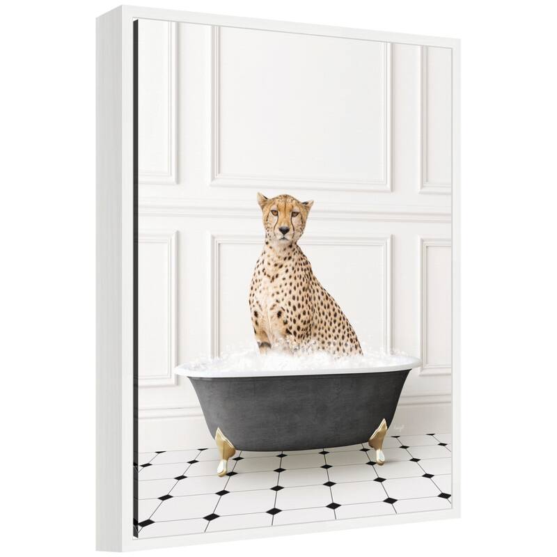 Kate and Laurel Sylvie Cheetah in Classic Black and White Bathtub Framed Canvas by Amy Peterson - White