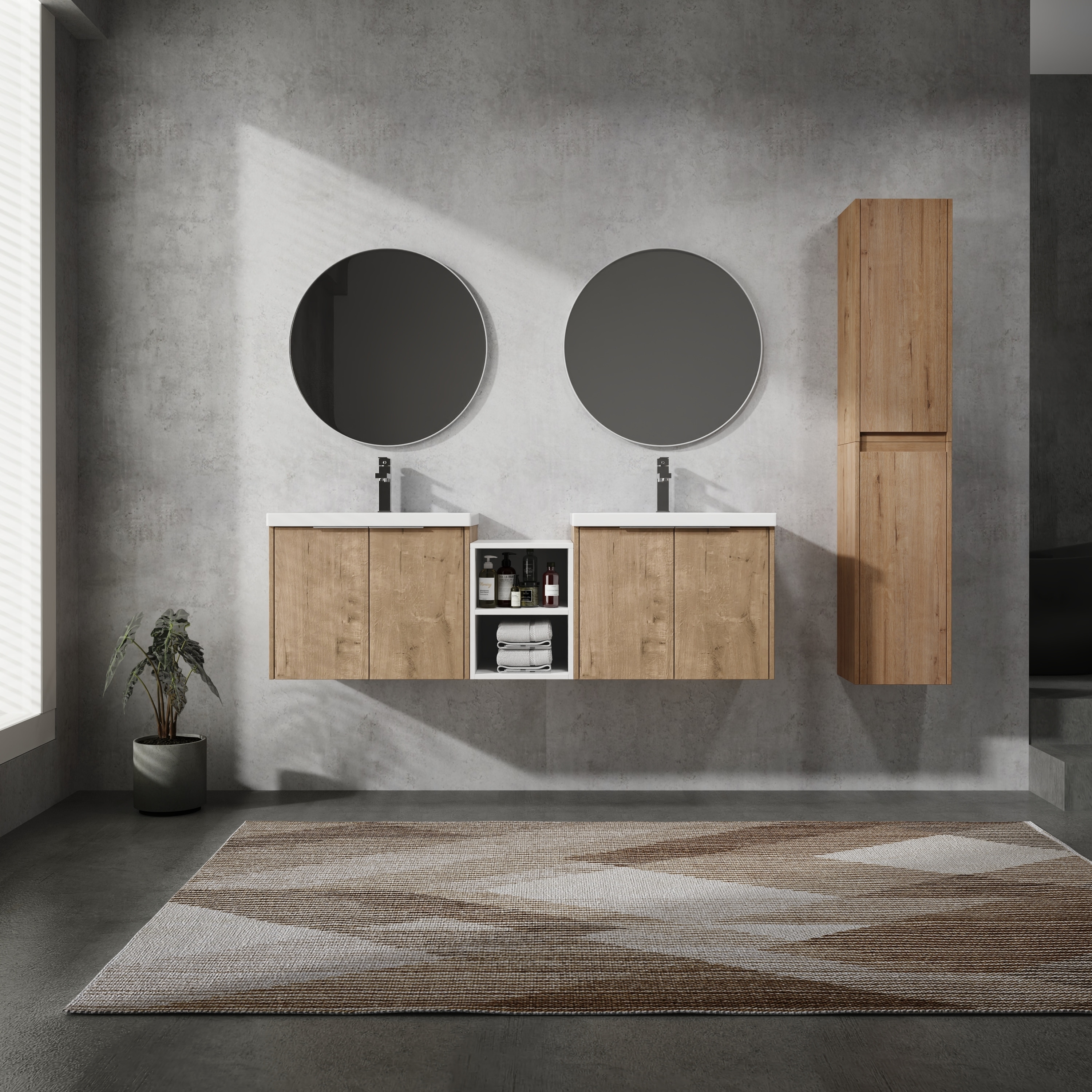 60" Wall-Mounted Bathroom Vanity With Sink and Side Cabinet, Soft Close Doors, Combination Cabinet