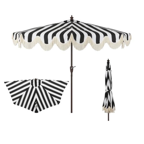 cream and black scalloped patio umbrella Beverly Coastal Half Patio Umbrella, Space-Saving Balcony Shade with Scalloped Fringe, Crank & Manual Tilt