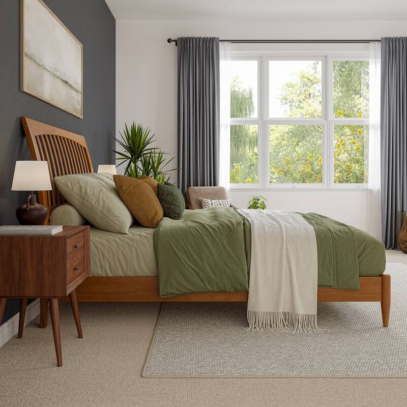 Modern Platform Bed - Solid Wood Sleigh Bed Frame - Low Profile Design - Light Toffee Finish