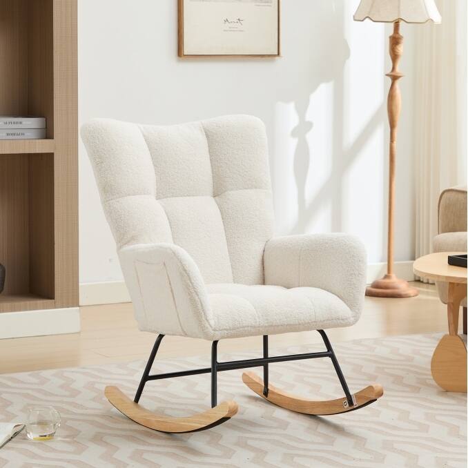 Teddy Rocking Chair with High Back & Wood Legs - White