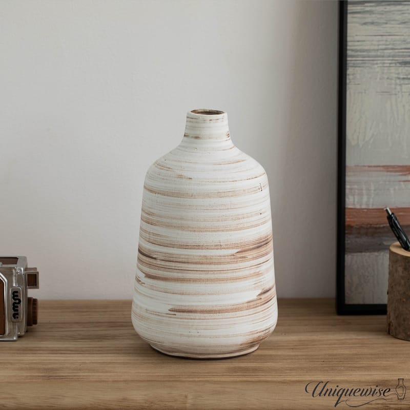 Uniquewise 11" Whitewashed Bottle-neck Decorative Pottery Flower Vase Boho Home Decor for Living Room Bedroom Kitchen & Entryway