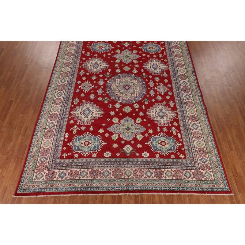 Geometric Red Large Kazak Oriental Area Rug Hand-Knotted Wool Carpet - 10'0" x 13'9"
