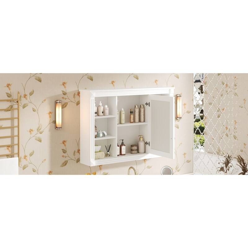 42"Wall Mounted Bathroom Storage Cabinet, Modern Wall Cabinet with Mirror, Mirror Cabinet with 6 Open Shelves