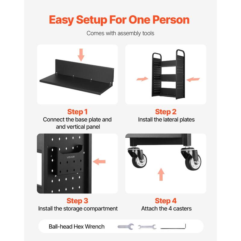 Black 3-Tier Rolling Book Cart with Locking Casters and Large Capacity - 30.3 x 15 x 48.0 in