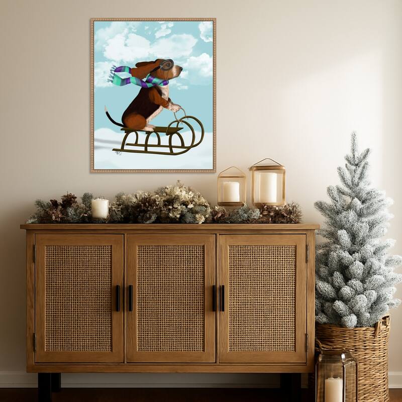 Basset Hound Sledging by Fab Funky (23 x 28 in.), Framed Canvas Wall Art Print - Sylvie Beaded Rustic Natural
