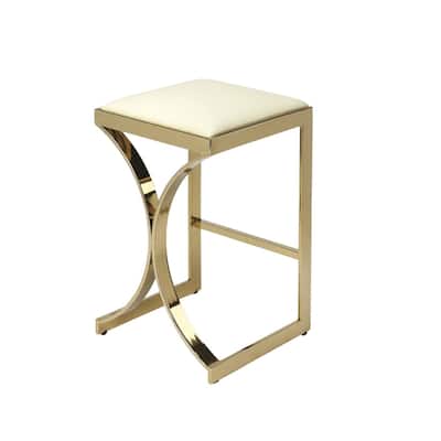 Off White Faux Leather Counter Height Baar Stool with Gold Iron Frame and Footrest - 14” L x 14” W x 24” H