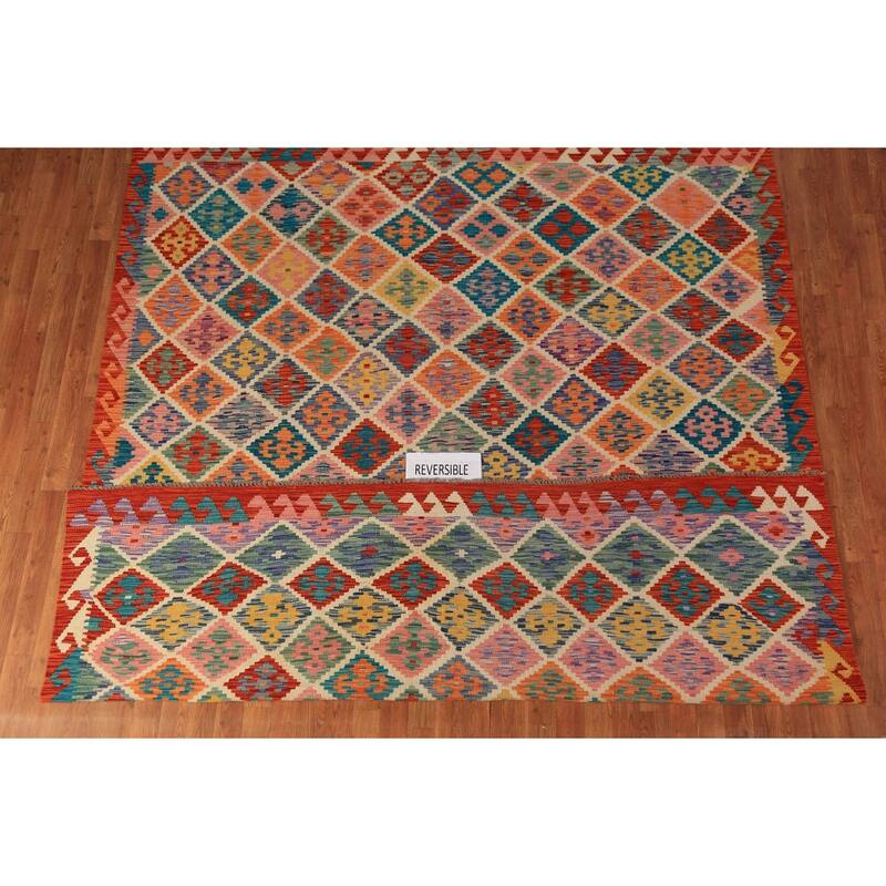 Reversible Kilim Oriental Area Rug Flatweave Wool Carpet - 7'11" x 9'8"