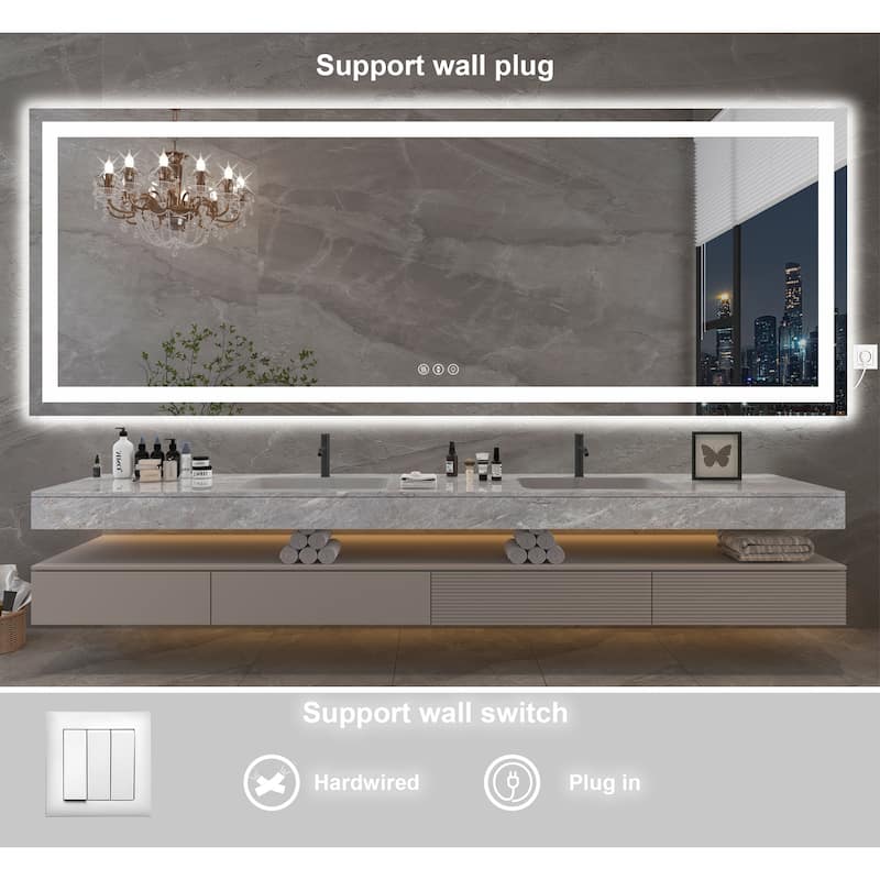 Large Rectangular Frameless Anti-Fog LED Light Wall Mounted Bathroom Vanity Mirror in White - N/A
