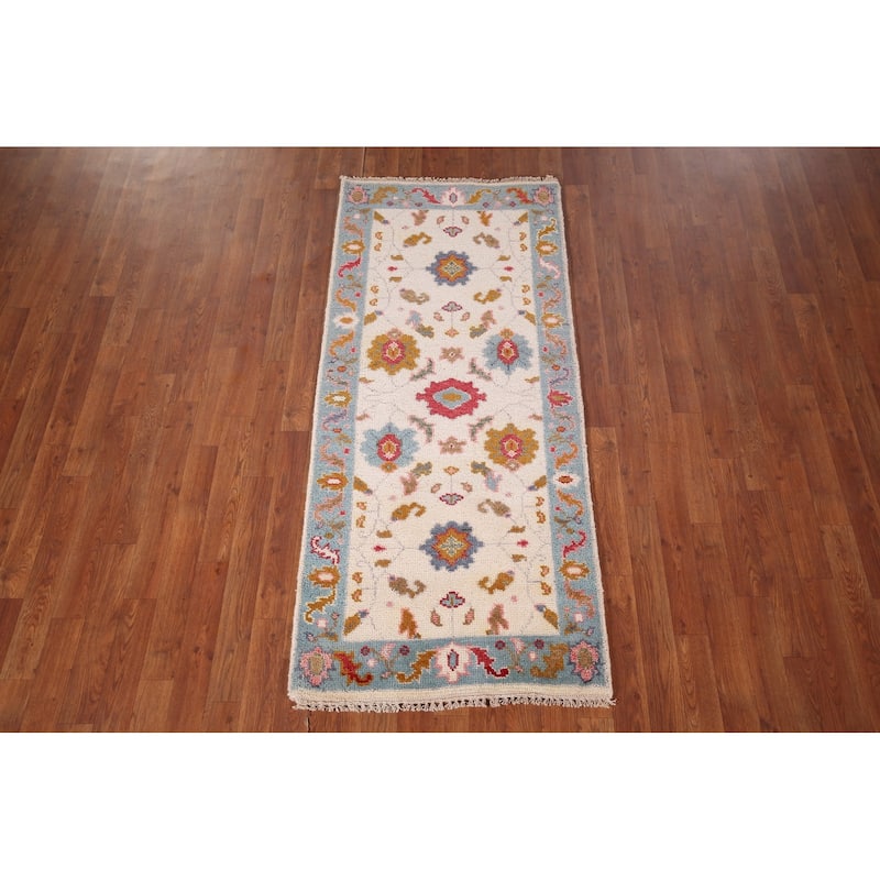 Ivory & Blue Floral Oushak Oriental Foyer Rug Hand-Knotted Wool Carpet - 2'6"x 5'9"