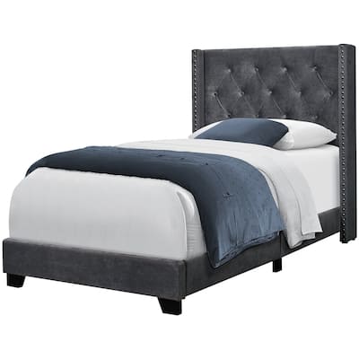Modern Velvet Bed Frame Twin Size, Upholstered Platform Bed with Wood Legs, Dark Grey Bed Frame for Kids Bedroom