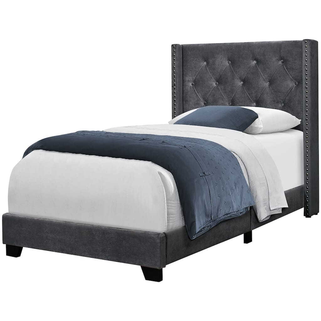 Modern Velvet Bed Frame Twin Size, Upholstered Platform Bed with Wood Legs, Dark Grey Bed Frame for Kids Bedroom