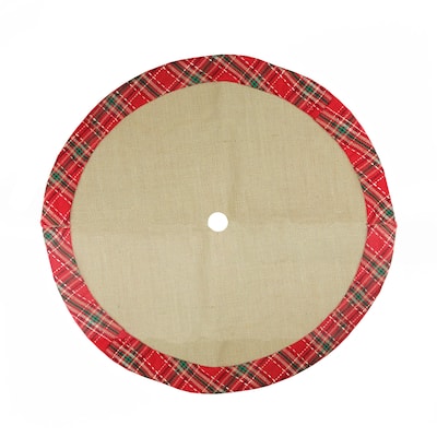 20" Rustic Burlap Mini Christmas Tree Skirt with Red Plaid Border - 20