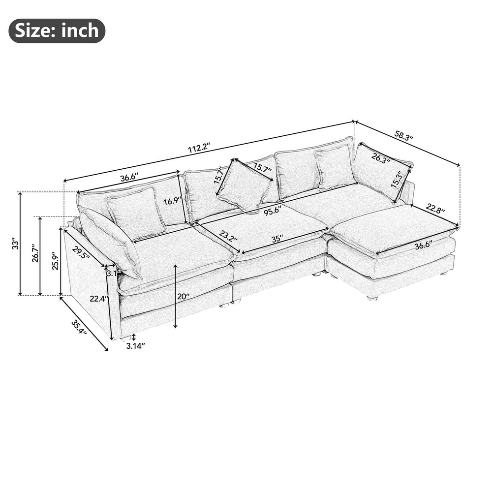 flyout slide 2 of 14, Sectional Sofa with Ottoman, 112.2" L-Shape Chenille Upholstered Sofa with 5 Pillows for Living Room, Apartment,Blue