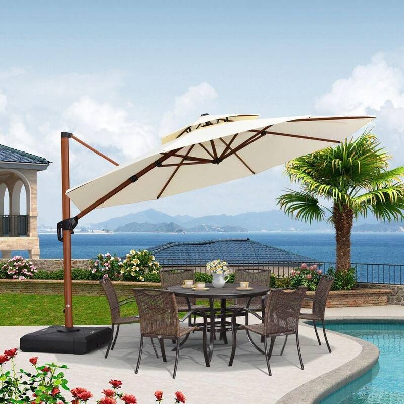 PURPLE LEAF 10/11/12ft Round Wood Pattern Patio Cantilever Umbrella with Base - 12ft Cream