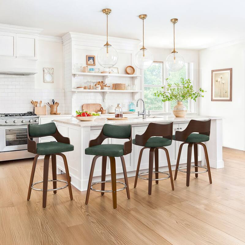 Set of 4 Modern Swivel Bar Stools with Curved Wood Back Upholstered Armrest Counter Stool - Green
