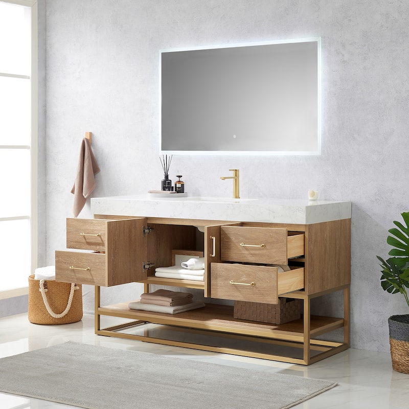 Alistair 60" Single Vanity with White Grain Stone Top without Mirror - 60" x 22"