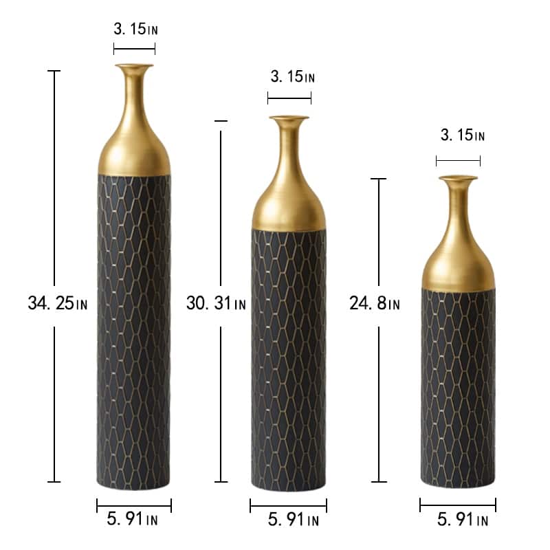 Set of 3 Black and Gold Metal Vase Floor Vases Ideal (25"/30"/34" H)