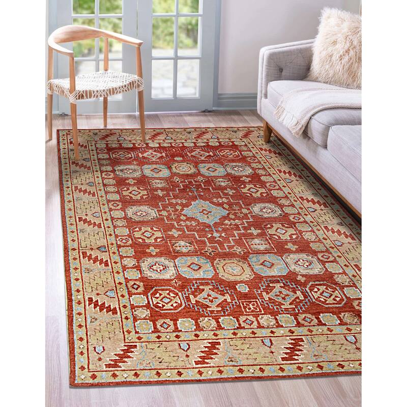 Hand-Knotted Wool Rust Traditional Geometric Modern Knotted Rug - Timeless Craftsmanship and Modern Elegance