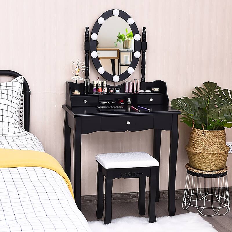 Costway Makeup Vanity Dressing Table 10 Dimmable Bulbs WhiteBlackBrown - Black