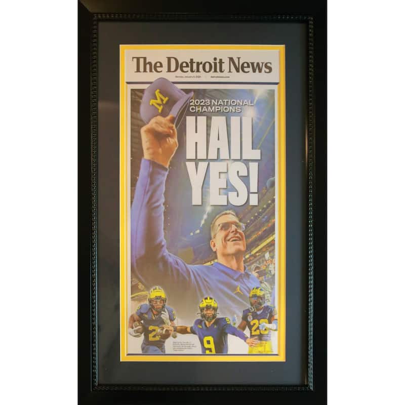 Michigan Wolverines 2024 National Champions HAIL YES Detroit News Framed 14x26 Football Newspaper ORIGINAL - 8'6" x 11'6"