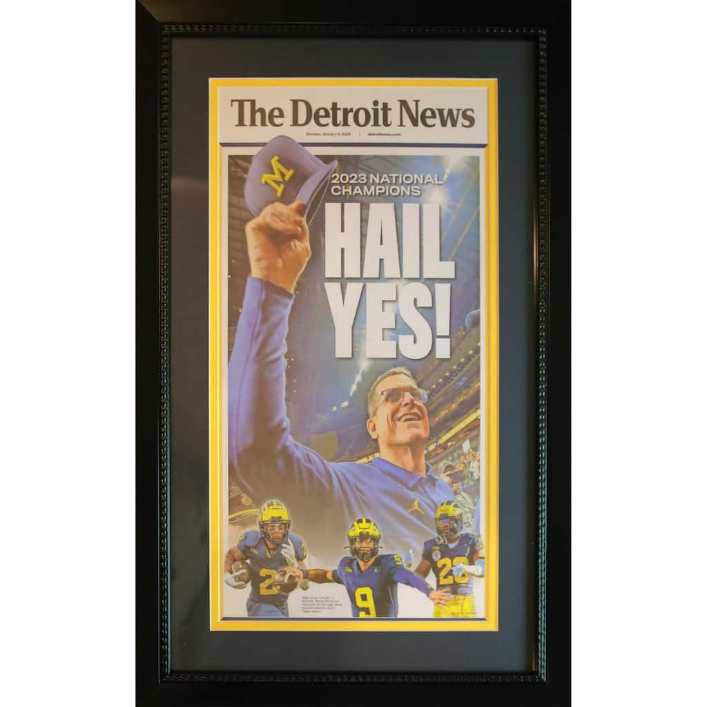 Michigan Wolverines 2024 National Champions HAIL YES Detroit News Framed 14x26 Football Newspaper ORIGINAL - 8'6" x 11'6"