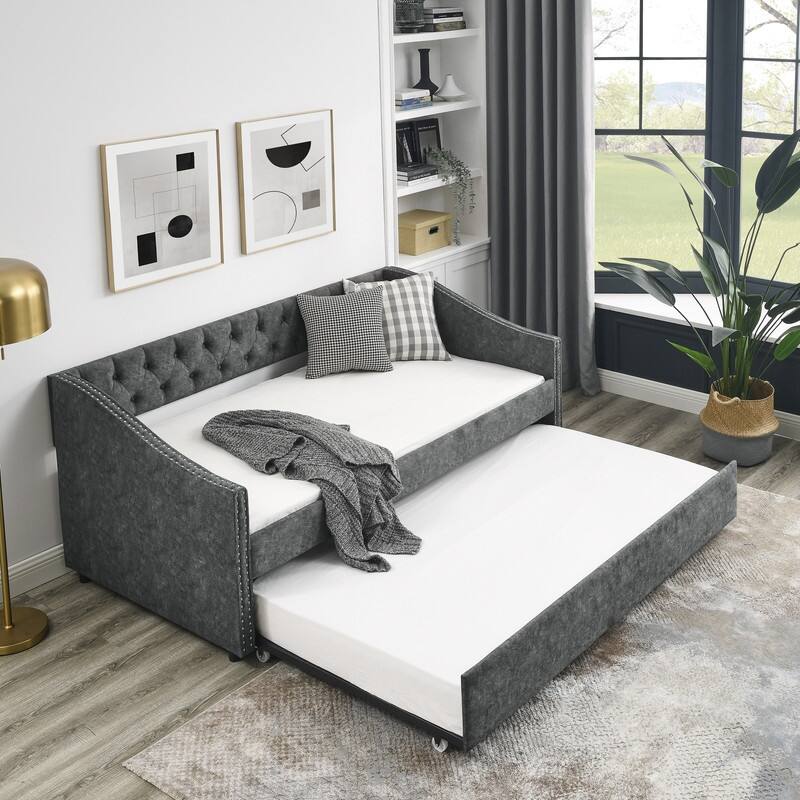 Upholstered Twin Daybed with Trundle,Polyester Fabric Sofa Bed with Button Tufted for Living Room,Bedroom