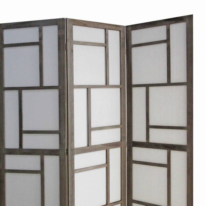 Contemporary 3 Panel Wooden Screen with Geometrical Designs, Gray