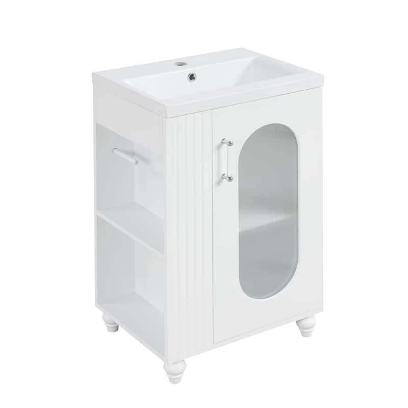 20" Small Bathroom Vanity with Ceramic Sink, Glass Door Bathroom Storage Cabinet with Toilet Paper Holder & Shelf, White