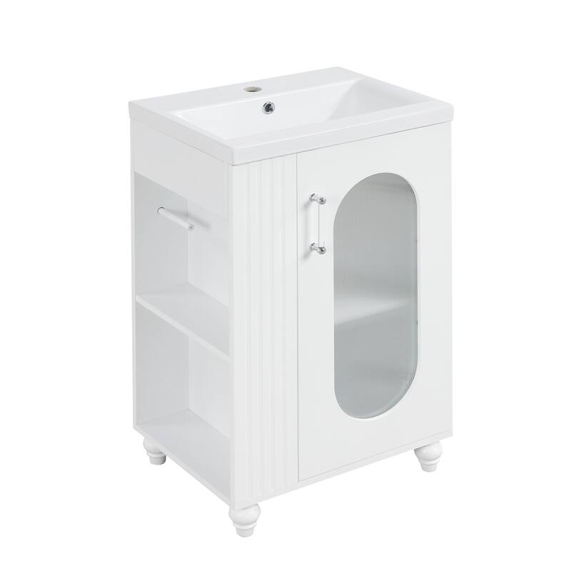 Small Bathroom Vanity with Sink, Wood Bathroom Cabinet with Glass Door, Single Basin Vanity Set with Two-Tier Shelf