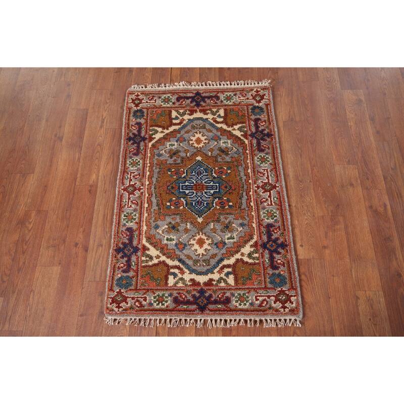 Geometric Heriz Serapi Indian Accent Rug Handmade Grey Wool Carpet - 2'1" x 3'2"