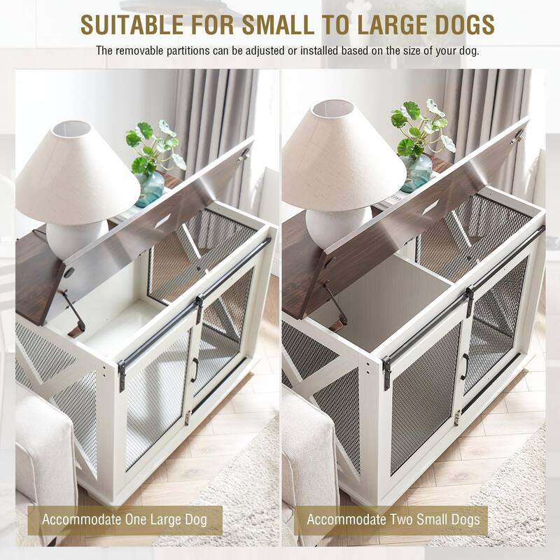 Farmhouse Dog Cage Crate Furniture with Sliding Barn Door, Wood Dog Kennel End Table, Flip-top Plate, Detachable Divide