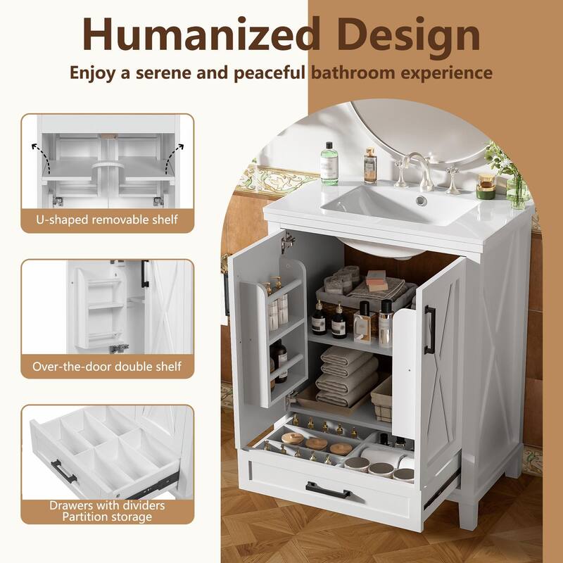 30" Bathroom Vanity - Solid Wood Frame, Single Sink, 2 Soft-Close Doors, Divided Drawer & Dual Storage Shelves