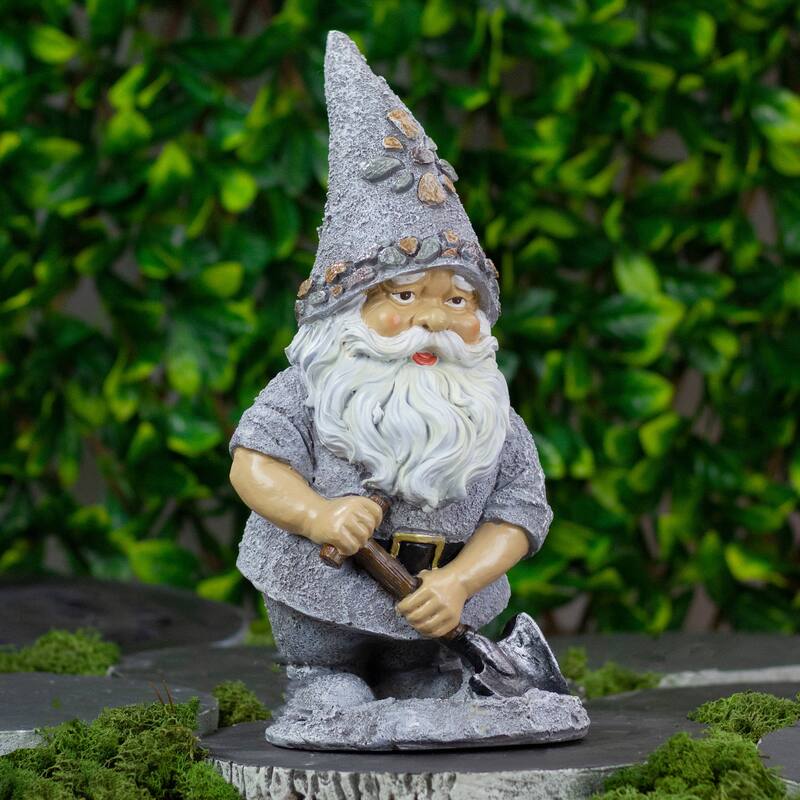 13.25" Pebble Gnome with Shovel Outdoor Garden Statue