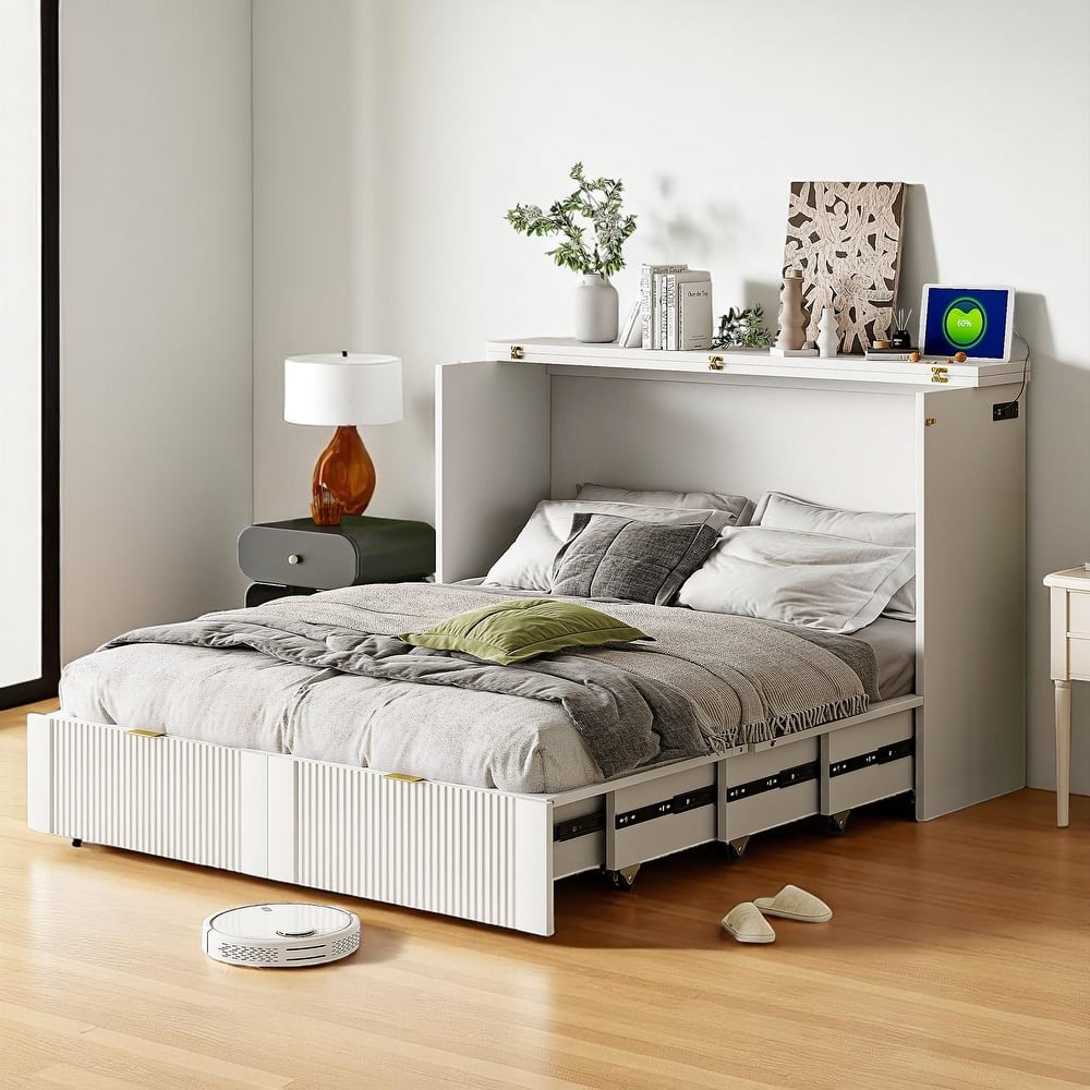 Full/Queen Size Murphy Bed Cabinet with Pulley Folding Design, USB Ports, Sockets and Large Storage Drawer