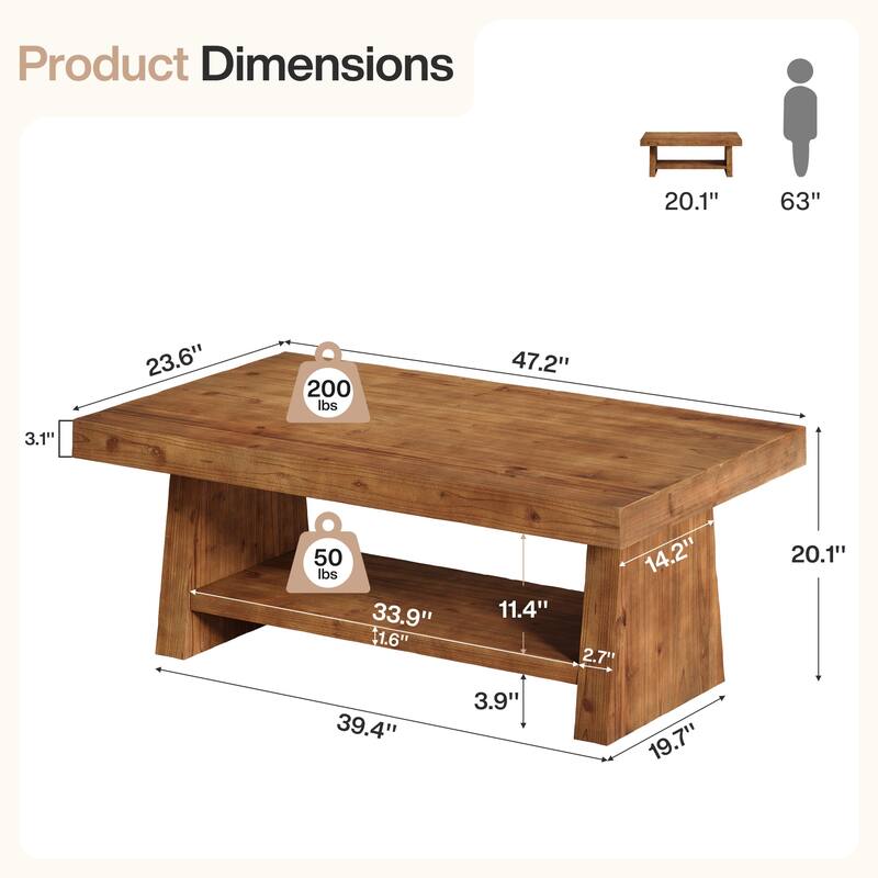 2-Tier Solid Wood Coffee Table for Living Room, Farmhouse Style