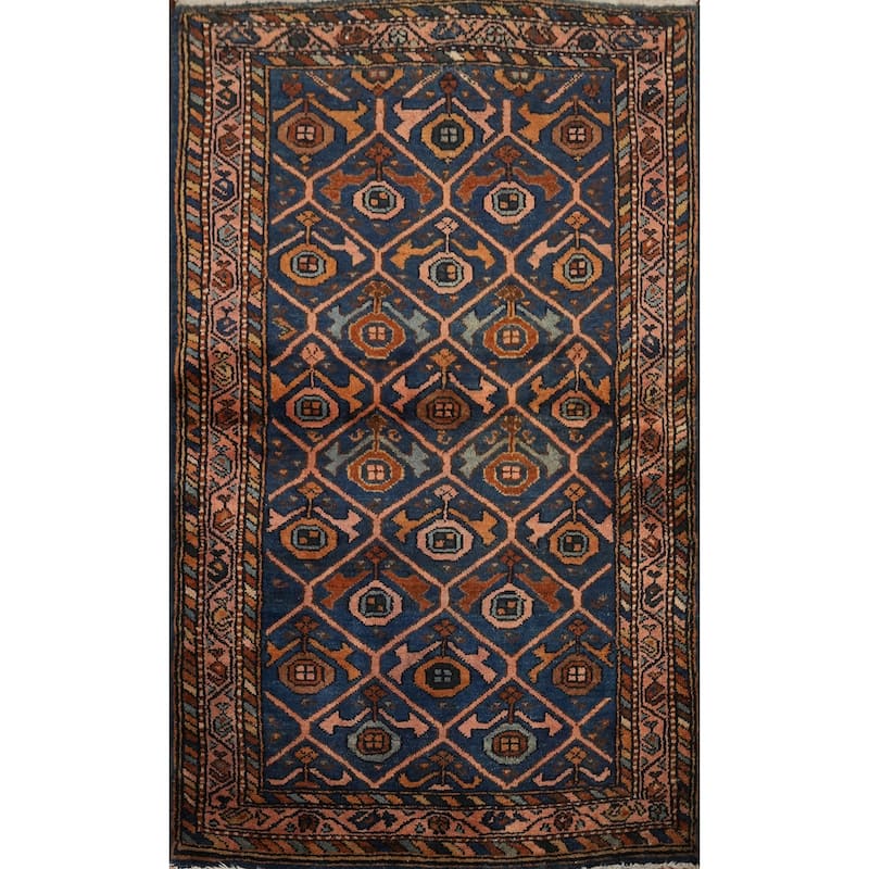 Hand Knotted Oriental 100% Wool Carpet Traditional Geometric Navy Blue & Blues Malayer Area Rug - 4' 1'' X 2' 7''