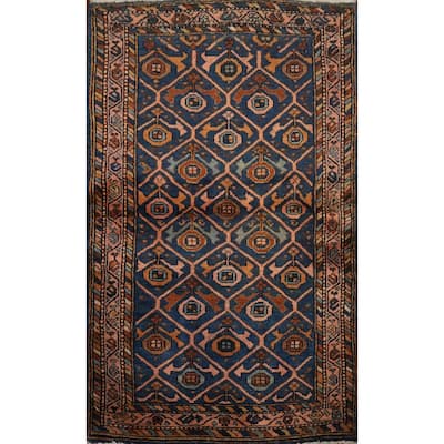 Hand Knotted Oriental 100% Wool Carpet Traditional Geometric Navy Blue & Blues Malayer Area Rug - 4' 1'' X 2' 7''