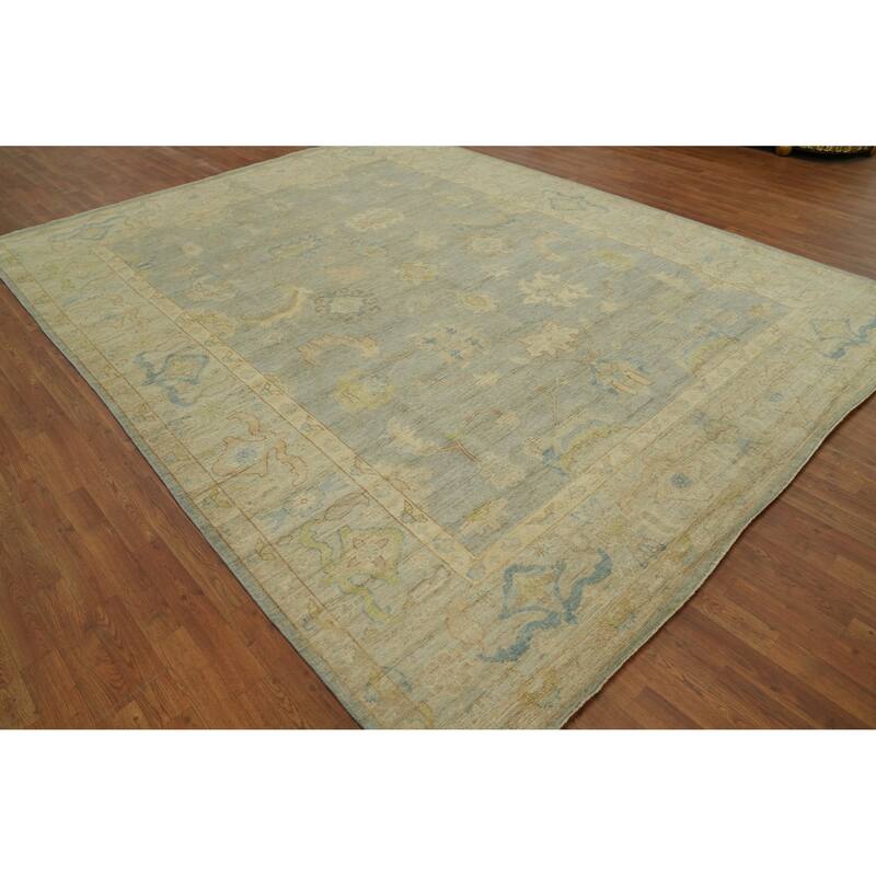 Handmade Gray Oushak Vegetable Dye Area Rug, Floral Geometric Carpet - 11' 9'' X 9' 2''