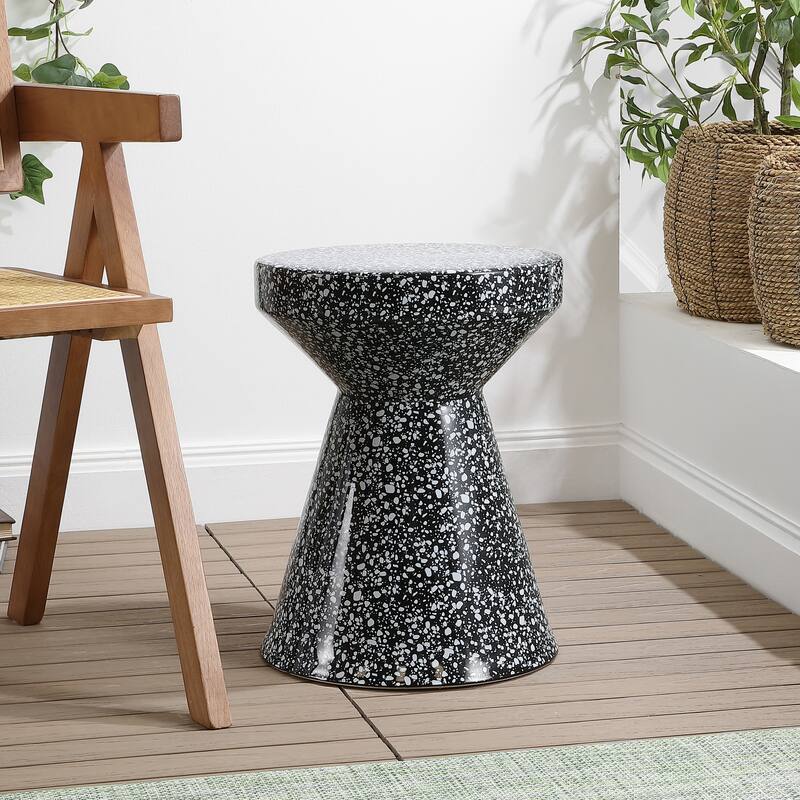 Indi 17.75" Modern Bohemian Terrazzo Indoor/Outdoor Drum Accent Table, by JONATHAN Y