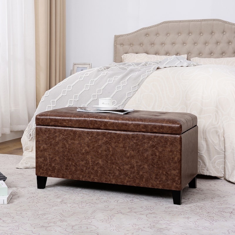 Adeco Rectangular Storage Ottoman Faux Leather Bench Lift-top Footrest