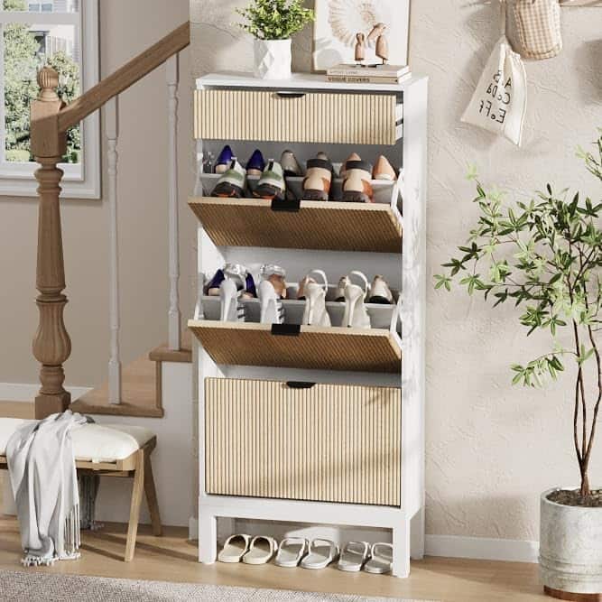 Shoe Storage Cabinet with 3 Flip Drawers, Fluted Shoe Organizer with Metal Legs