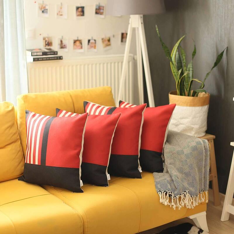 HomeRoots Set Of Four 18" X 18" Red Striped Zippered Handmade Polyester Throw Pillow