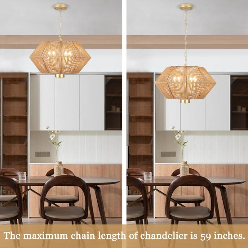 4-Light Bohemian Hand Woven Drum Chandelier Rattan Pendant - N/A