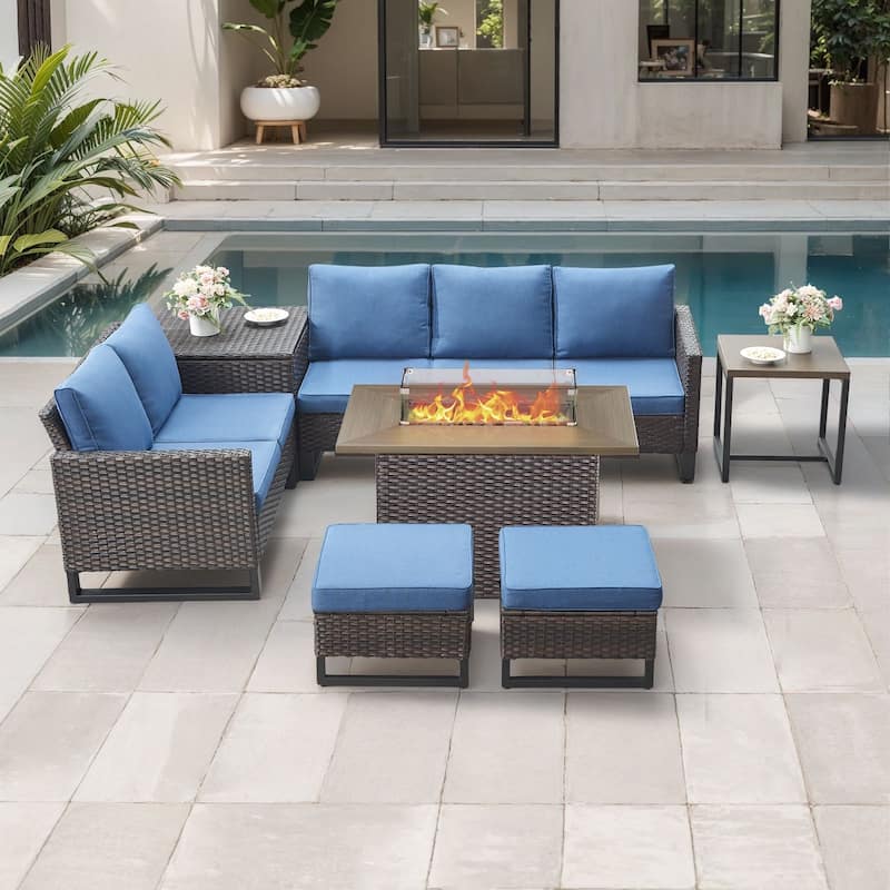 Gymojoy 7 Piece Wicker Outdoor Patio U-shaped feet Conversation Set Group , Include Fire Pit Table - Brown Wicker / Blue Cusion - 7-Piece