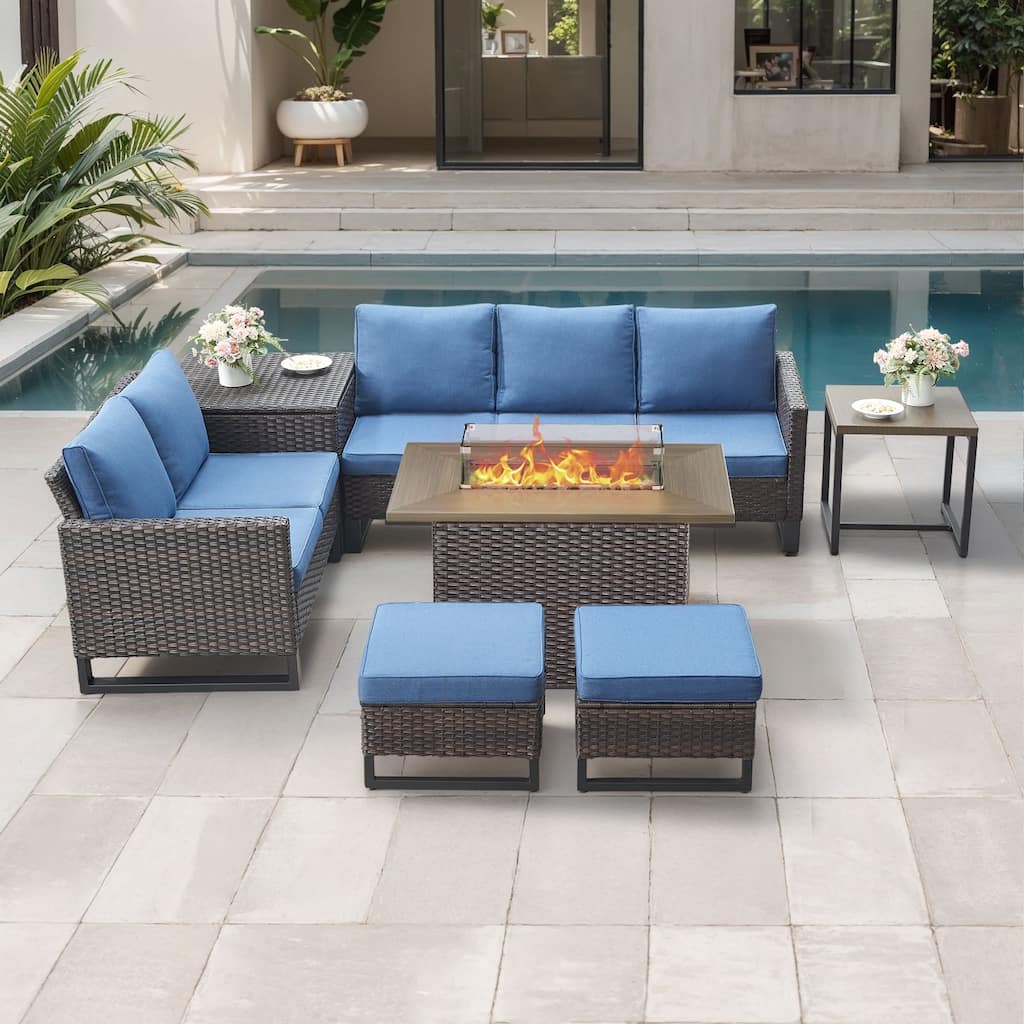 Gymojoy 7 Piece Wicker Outdoor Patio U-shaped feet Conversation Set Group , Include Fire Pit Table