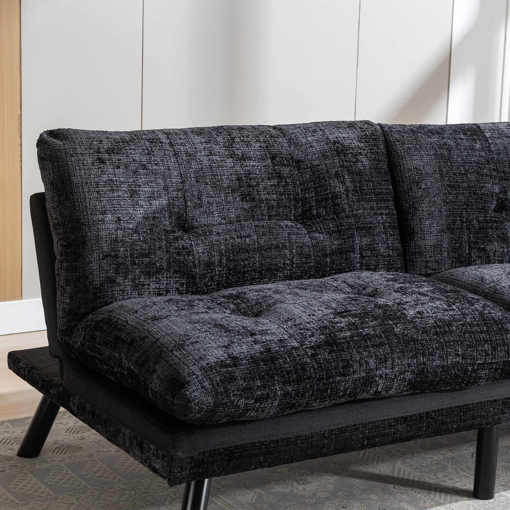 Minimalist Black Loveseat with Metal Legs Chenille Fabric Futon Sofa Bed Convertible Fold Sofa Bed for Bed Room office Bed Bath Beyond 40176078