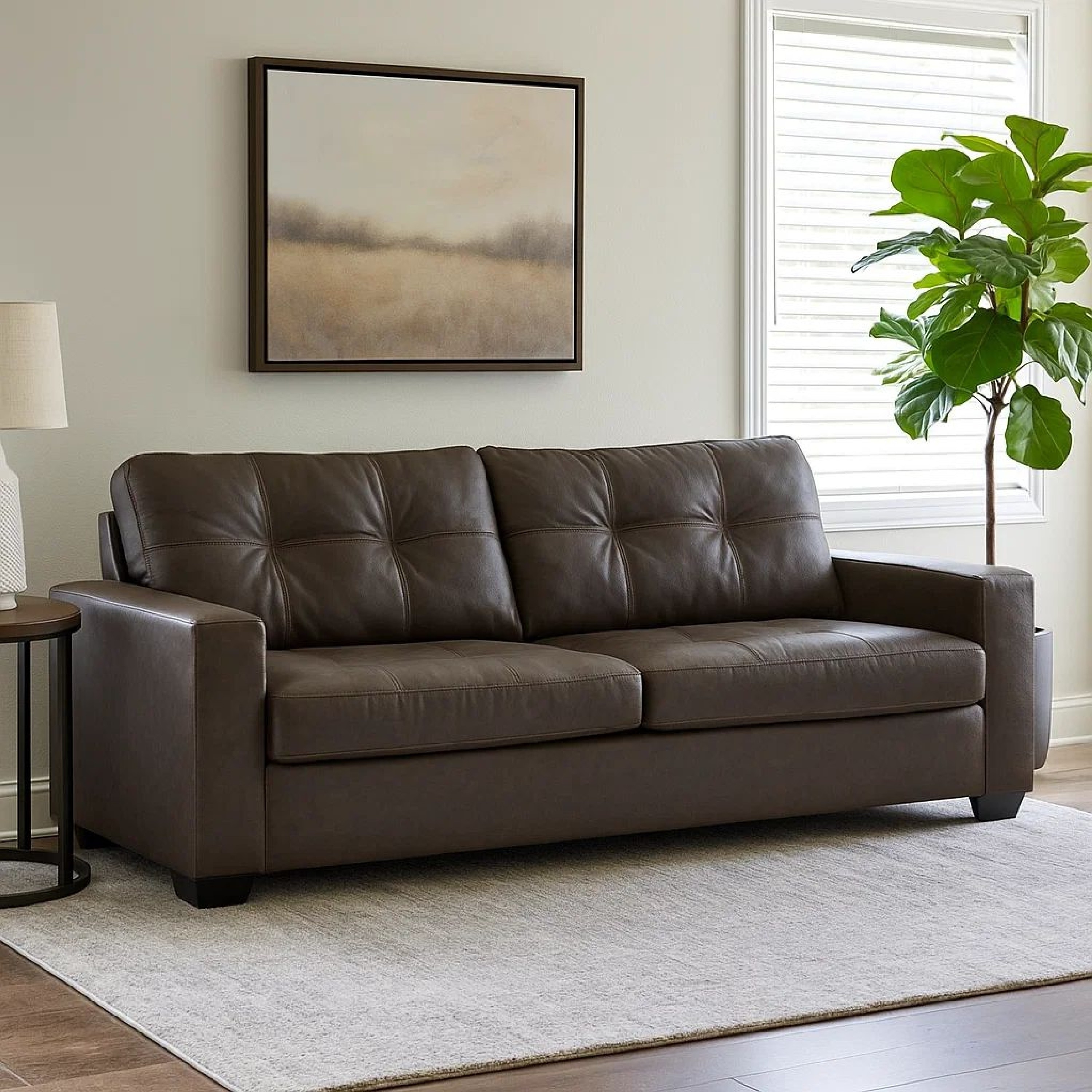 Benjara Barl Sofa Sleeper, Queen Size Pull Out Bed, Rich Brown Faux Leather