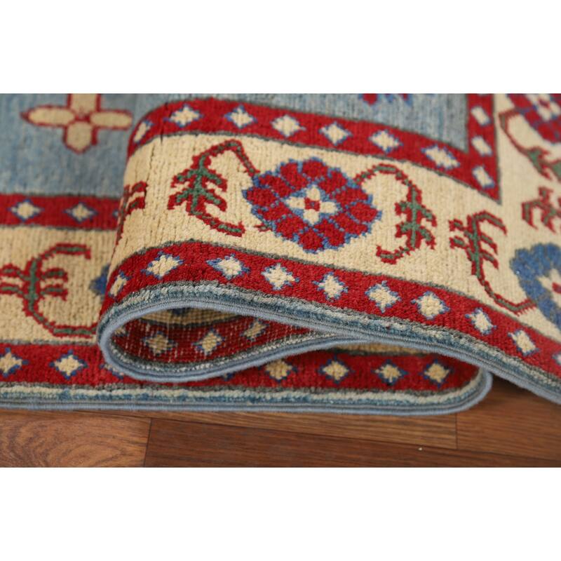 Blue Geometric Kazak Oriental Accent Rug Handmade Wool Carpet - 3'4" x 4'9"